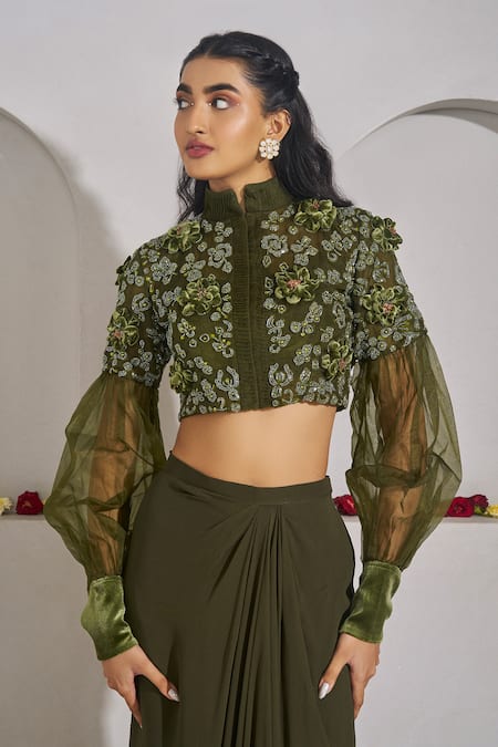 Shop_Rimple Agrawal_Green Organza, Georgette Embroidery, Fabric Flowers Blouse And Draped Skirt Set 