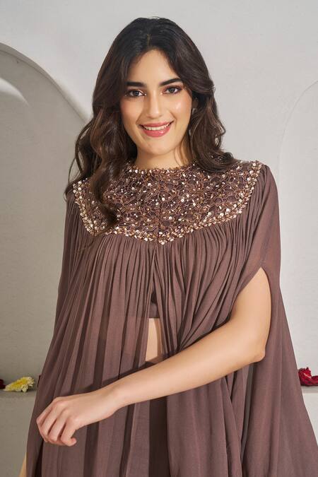 Buy_Rimple Agrawal_Mauve Georgette Beads, Sequins Cowl Haripriya Embroidered Yoke Tunic And Pant Set _Online_at_Aza_Fashions