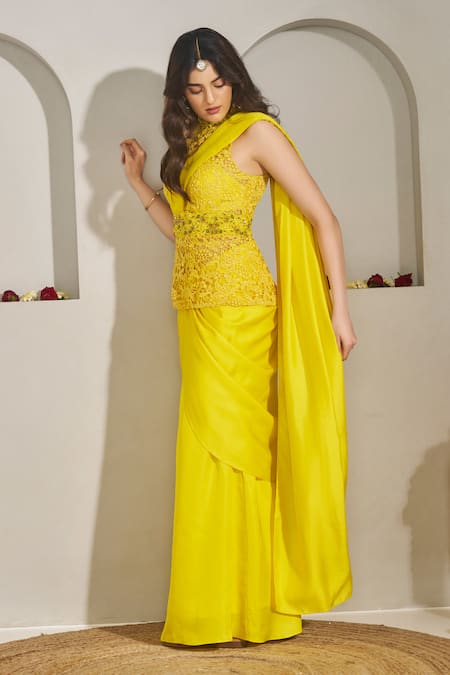 Rimple Agrawal_Yellow Silk, Linen Embroidery, Beads Shubhra Peplum Top And Pre-draped Saree Set _Online_at_Aza_Fashions