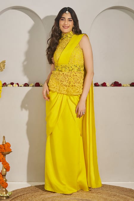 Buy_Rimple Agrawal_Yellow Silk, Linen Embroidery, Beads Shubhra Peplum Top And Pre-draped Saree Set _Online_at_Aza_Fashions