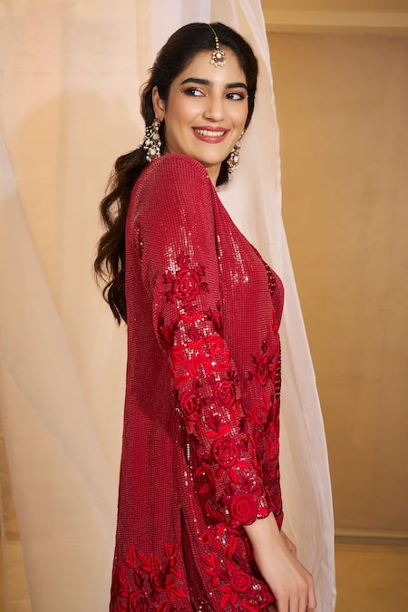 Rimple Agrawal_Red Georgette Sequins, Beads, Embroidery Round Pavitra Work Tunic With Pant _Online_at_Aza_Fashions