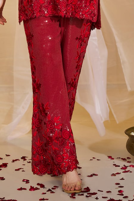 Rimple Agrawal_Red Georgette Sequins, Embroidery, Mirrors, Metallic Moksha Tunic With Pant _Online_at_Aza_Fashions