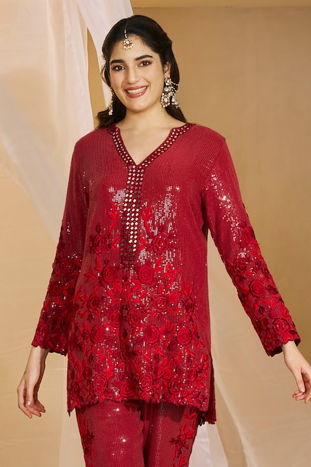 Buy_Rimple Agrawal_Red Georgette Sequins, Embroidery, Mirrors, Metallic Moksha Tunic With Pant _Online_at_Aza_Fashions