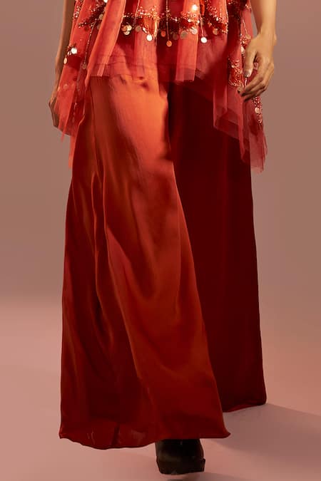 Rimple Agrawal_Red Net, Silk Applique, Tassels, Sequins Round Ganga Velvet Tunic Palazzo Set _Online_at_Aza_Fashions