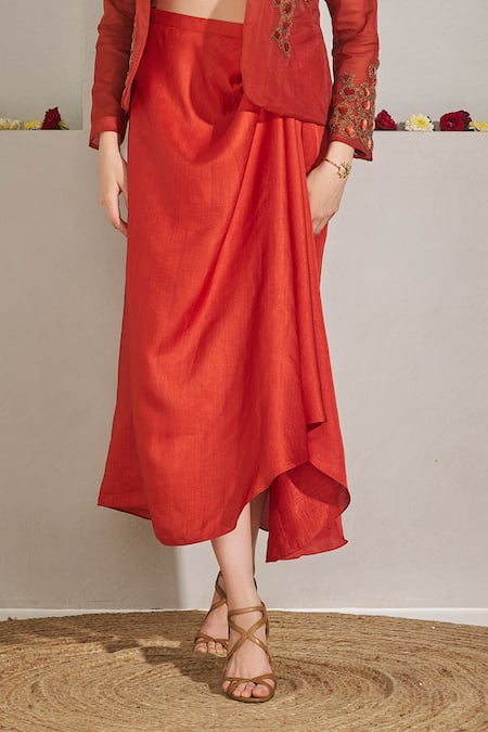 Rimple Agrawal_Red Organza, Satin Applique, Beads Sweetheart Shankari Jacket Draped Skirt Set _Online_at_Aza_Fashions