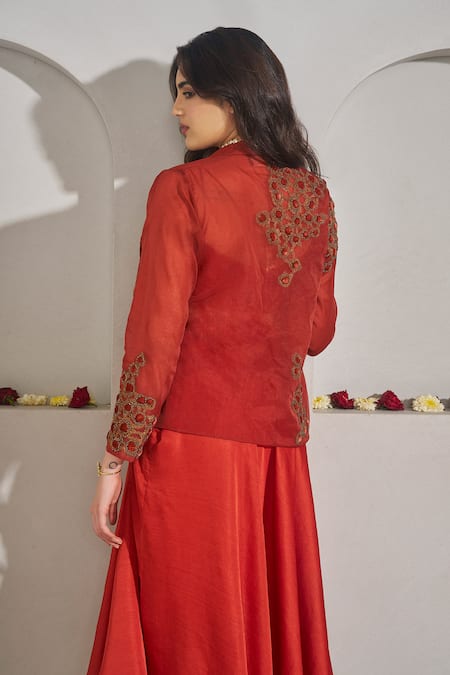 Buy_Rimple Agrawal_Red Organza, Satin Applique, Beads Sweetheart Shankari Jacket Draped Skirt Set _Online_at_Aza_Fashions
