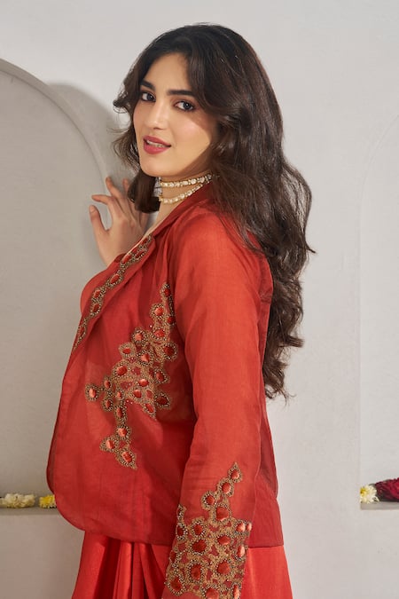 Rimple Agrawal_Red Organza, Satin Applique, Beads Sweetheart Shankari Jacket Draped Skirt Set _at_Aza_Fashions