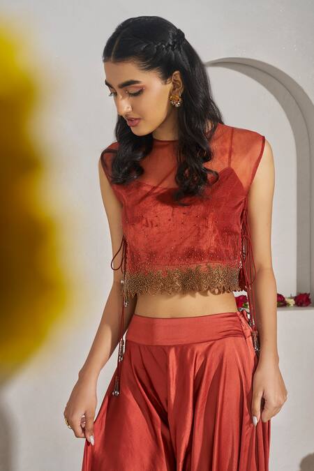 Buy_Rimple Agrawal_Red Satin Beads, Metallic Thread Round Neck Pavani Beadwork Cape Dhoti Pant Set _Online_at_Aza_Fashions