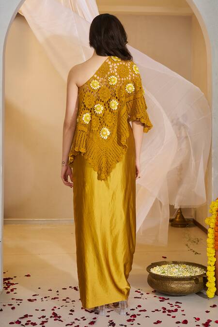 Shop_Rimple Agrawal_Mustard , Satin Sweetheart Tarakini Crochet Floral Cape And Skirt Set _Online_at_Aza_Fashions