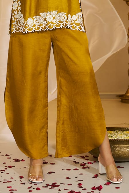 Rimple Agrawal_Yellow Satin Embroidery, Pearls Notched Neck, Jeevan Work Tunic With Pant _Online_at_Aza_Fashions