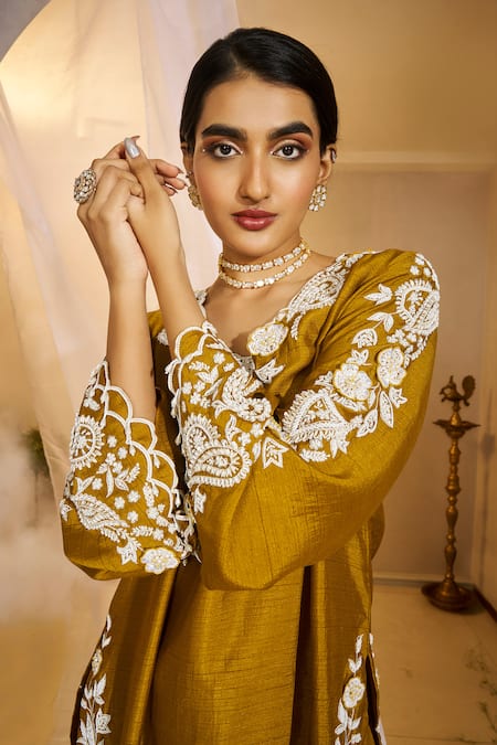 Buy_Rimple Agrawal_Yellow Satin Embroidery, Pearls Notched Neck, Jeevan Work Tunic With Pant 