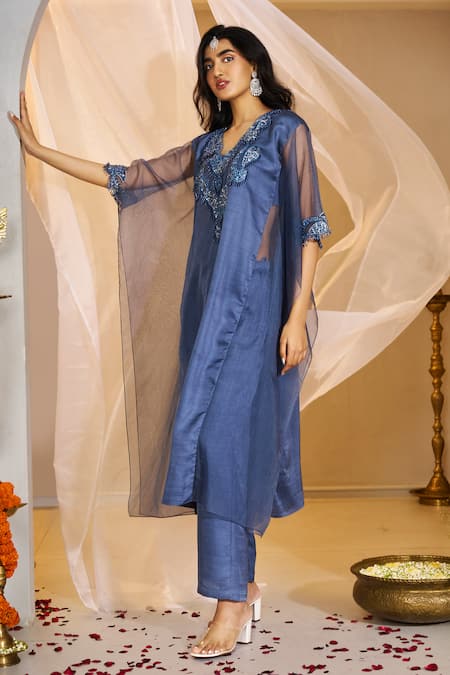 Buy_Rimple Agrawal_Blue Satin, Organza Embroidery, Beads V-neck Mahabhaga Kaftan Set _Online_at_Aza_Fashions