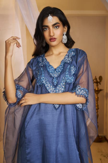 Shop_Rimple Agrawal_Blue Satin, Organza Embroidery, Beads V-neck Mahabhaga Kaftan Set _Online_at_Aza_Fashions