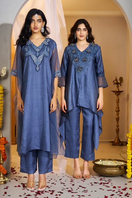 Rimple Agrawal_Blue Satin, Organza Embroidery, Beads V-neck Mahabhaga Kaftan Set _at_Aza_Fashions