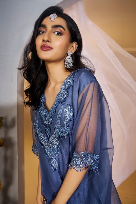 Buy_Rimple Agrawal_Blue Satin, Organza Embroidery, Beads V-neck Mahabhaga Kaftan Set 