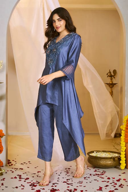 Rimple Agrawal_Blue Satin Beads, Embroidery V-neck Velvet Floral Beadwork Tunic And Pant Set _Online_at_Aza_Fashions