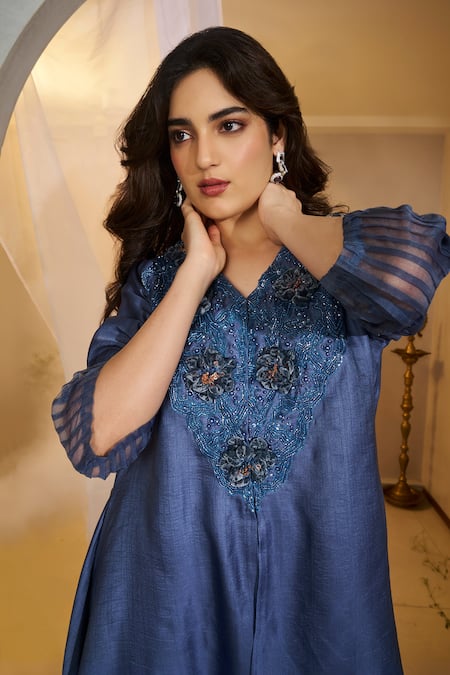Shop_Rimple Agrawal_Blue Satin Beads, Embroidery V-neck Velvet Floral Beadwork Tunic And Pant Set _Online_at_Aza_Fashions