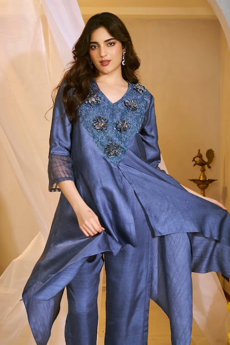 Rimple Agrawal_Blue Satin Beads, Embroidery V-neck Velvet Floral Beadwork Tunic And Pant Set _at_Aza_Fashions