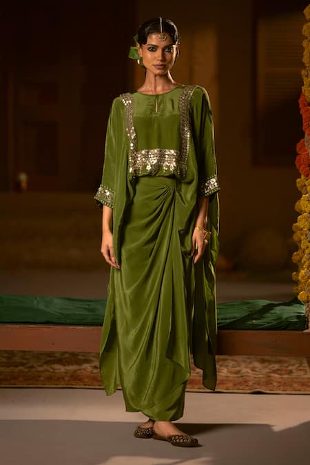 Buy_Prahnaaya_Green Vegan Silk, Crepe Applique, Pearls Sunira Nexa Red Top And Wrap Skirt Set _Online_at_Aza_Fashions