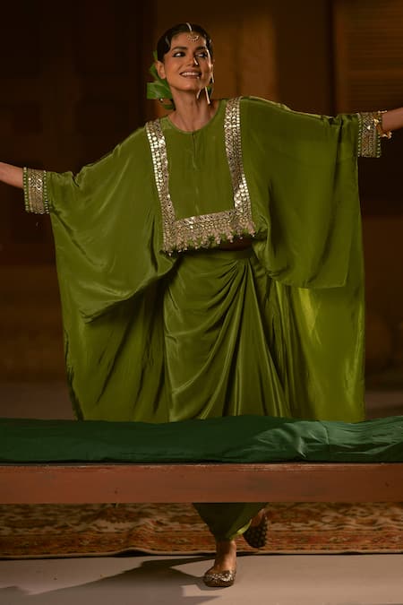 Shop_Prahnaaya_Green Vegan Silk, Crepe Applique, Pearls Sunira Nexa Red Top And Wrap Skirt Set _Online_at_Aza_Fashions