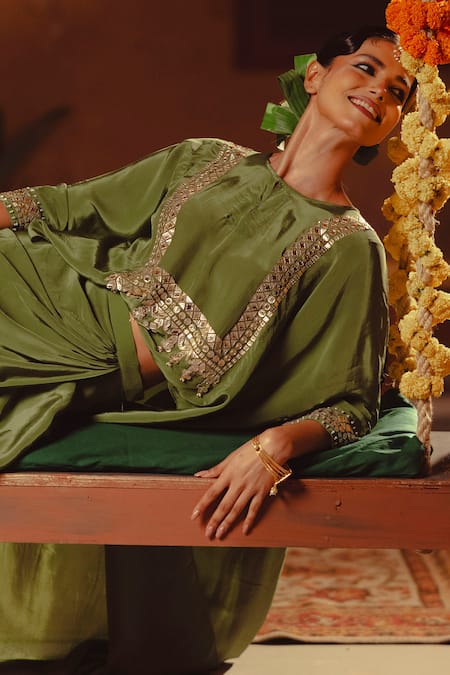 Prahnaaya_Green Vegan Silk, Crepe Applique, Pearls Sunira Nexa Red Top And Wrap Skirt Set _at_Aza_Fashions