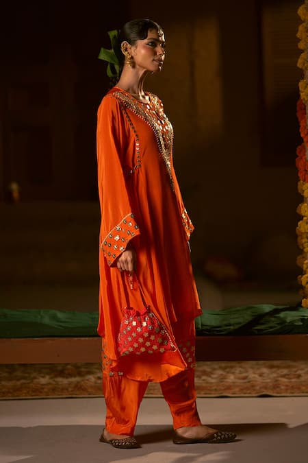 Prahnaaya_Orange Crepe, , Vegan Applique, Mangala Asymmetric Kurta With Salwar _Online_at_Aza_Fashions