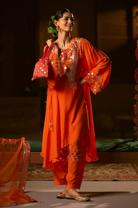 Buy_Prahnaaya_Orange Crepe, , Vegan Applique, Mangala Asymmetric Kurta With Salwar _Online_at_Aza_Fashions