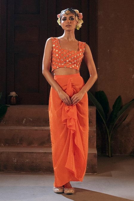 Shop_Prahnaaya_Orange Vegan Silk, Crepe Applique, Pearls Mangala Embroidered Cape Skirt Set _Online_at_Aza_Fashions