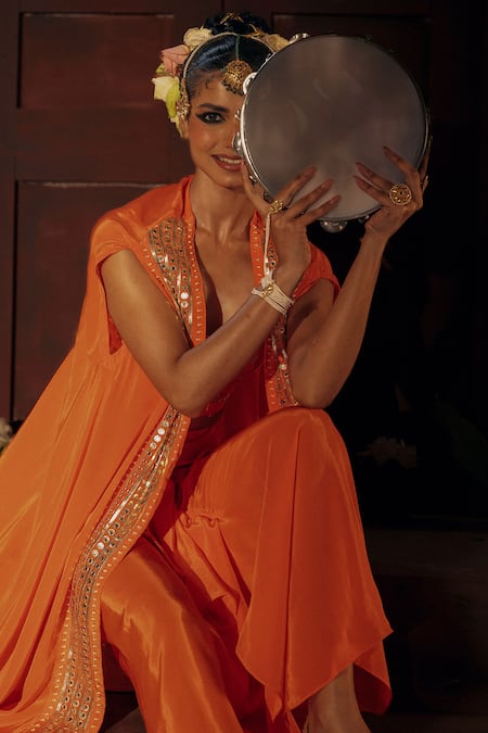 Shop_Prahnaaya_Orange Vegan Silk, Crepe Applique, Pearls Mangala Embroidered Cape Skirt Set 
