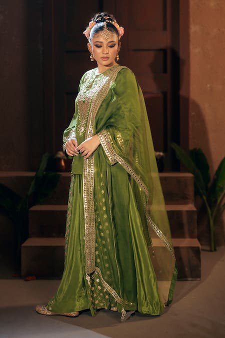 Buy_Prahnaaya_Green Organza Applique, Pearls, Sequins, Sunira Embroidered Kurta Sharara Set _Online_at_Aza_Fashions