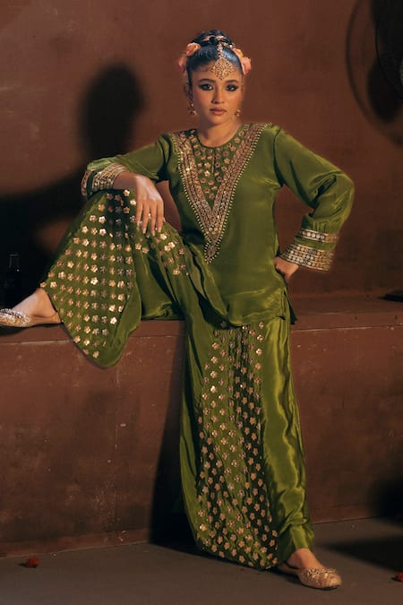 Shop_Prahnaaya_Green Organza Applique, Pearls, Sequins, Sunira Embroidered Kurta Sharara Set _Online_at_Aza_Fashions