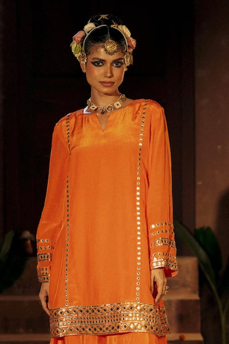 Prahnaaya_Orange , Crepe, Organza Applique, Mangala Embroidered Kurta Sharara Set _Online_at_Aza_Fashions