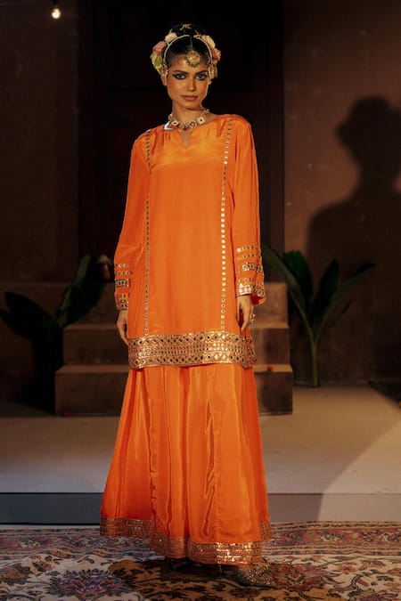 Prahnaaya_Orange , Crepe, Organza Applique, Mangala Embroidered Kurta Sharara Set _at_Aza_Fashions