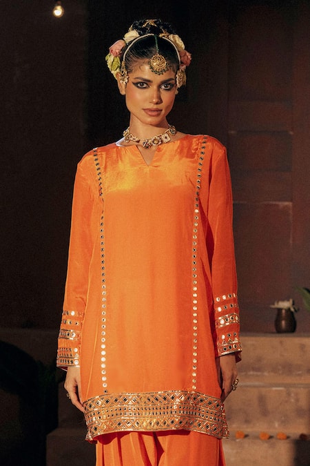 Prahnaaya_Orange Crepe, , Vegan Mangala Phool Embroidered Kurta And Salwar Set _Online_at_Aza_Fashions