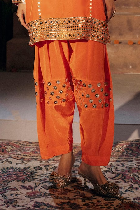 Buy_Prahnaaya_Orange Crepe, , Vegan Mangala Phool Embroidered Kurta And Salwar Set _Online_at_Aza_Fashions