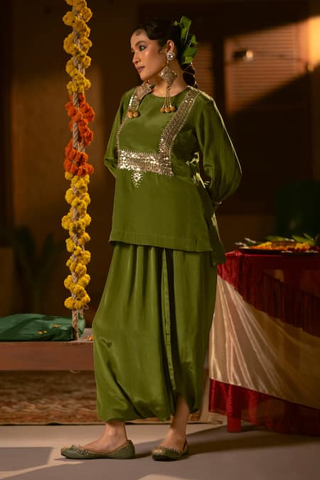 Prahnaaya_Green Crepe, Vegan Silk Applique, Pearls Round Sunira Embroidered Top Skirt Set _Online_at_Aza_Fashions