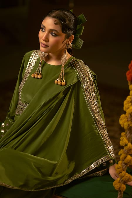 Buy_Prahnaaya_Green Crepe, Vegan Silk Applique, Pearls Round Sunira Embroidered Top Skirt Set _Online_at_Aza_Fashions