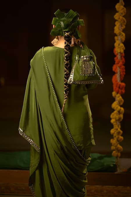 Shop_Prahnaaya_Green Crepe, Vegan Silk Applique, Pearls Round Sunira Embroidered Top Skirt Set _Online_at_Aza_Fashions