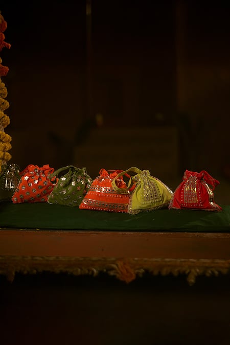 Prahnaaya_Red Applique, Pearls Ramani Chamak Potli _Online_at_Aza_Fashions