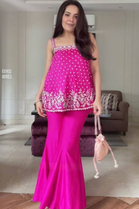 Shop_Vinita Bhansali_Pink Silk Embroidery Square Neck Gulaban Co-ord Set In _Online_at_Aza_Fashions