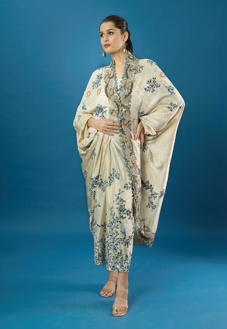 Anamika Khanna Ivory Embroidery Square Neck, Printed Cape Skirt Set Online at Aza Fashions Anamika Khanna_Ivory Embroidery Square Neck, Printed Cape Skirt Set _Online_at_Aza_Fashions