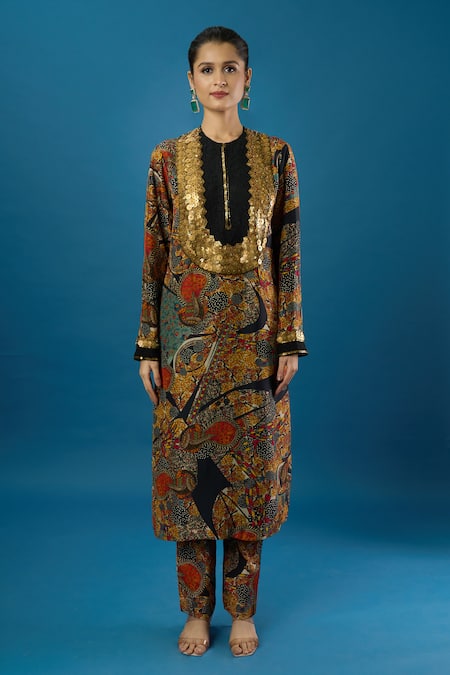 Anamika Khanna Multi Color Sequins, Embroidery Round Neck Elephant Eye Print Kurta Set Online at Aza Fashions Anamika Khanna_Multi Color Sequins, Embroidery Round Neck Elephant Eye Print Kurta Set _Online_at_Aza_Fashions