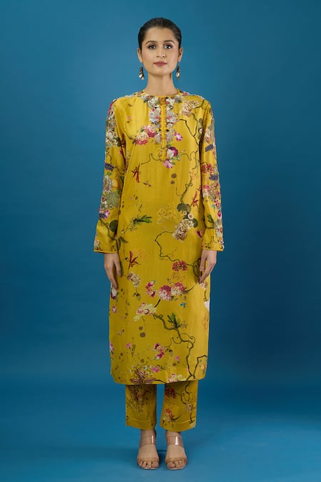 Anamika Khanna Yellow Embroidery Mandarin Collar Elephant Eye Print Kurta Set Online at Aza Fashions Anamika Khanna_Yellow Embroidery Mandarin Collar Elephant Eye Print Kurta Set _Online_at_Aza_Fashions
