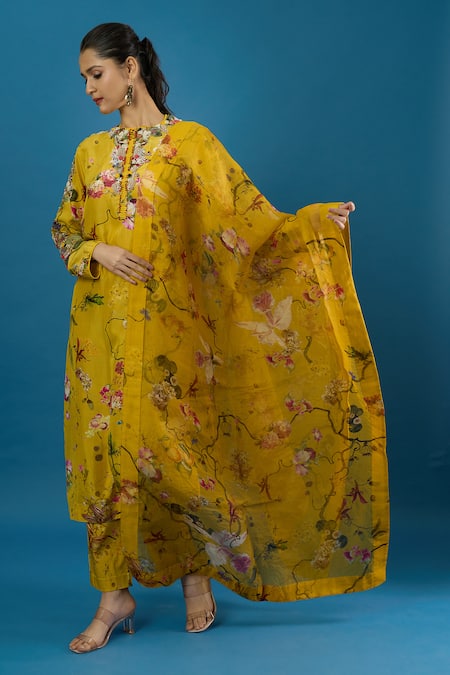 Buy Anamika Khanna Yellow Embroidery Mandarin Collar Elephant Eye Print Kurta Set Online at Aza Fashions Buy_Anamika Khanna_Yellow Embroidery Mandarin Collar Elephant Eye Print Kurta Set _Online_at_Aza_Fashions