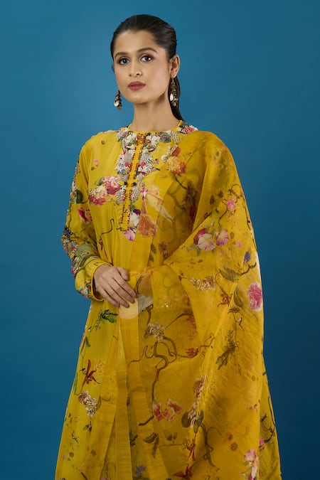 Shop Anamika Khanna Yellow Embroidery Mandarin Collar Elephant Eye Print Kurta Set Online at Aza Fashions Shop_Anamika Khanna_Yellow Embroidery Mandarin Collar Elephant Eye Print Kurta Set _Online_at_Aza_Fashions