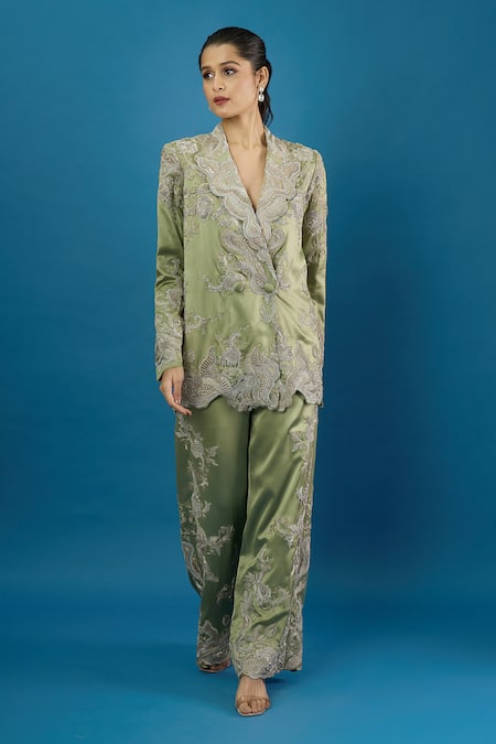 Shop Anamika Khanna Green Embroidery, Sequins, Stones, Metallic Thread Blazer And Pant Set Online at Aza Fashions Shop_Anamika Khanna_Green Embroidery, Sequins, Stones, Metallic Thread Blazer And Pant Set _Online_at_Aza_Fashions