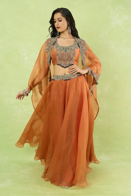 Shop_Prisho_Orange Organza Embroidery, Sequins, Stones, Beads Round Neck Blouse Lehenga Set _Online_at_Aza_Fashions