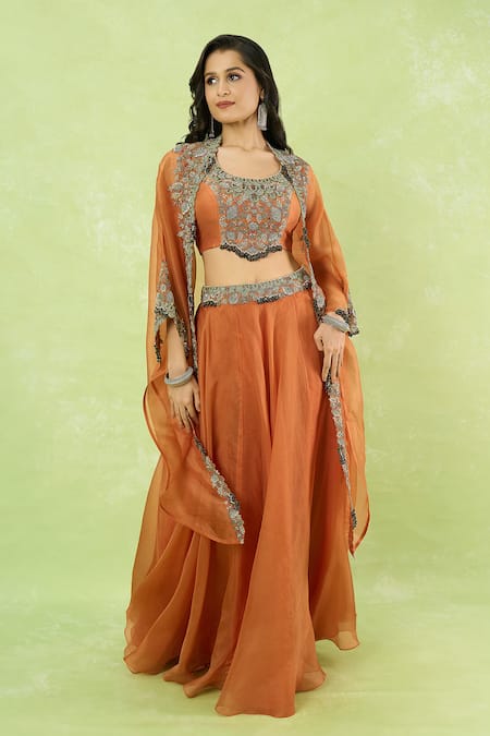 Prisho_Orange Organza Embroidery, Sequins, Stones, Beads Round Neck Blouse Lehenga Set _at_Aza_Fashions