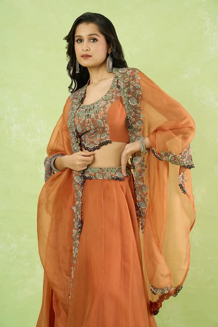 Buy_Prisho_Orange Organza Embroidery, Sequins, Stones, Beads Round Neck Blouse Lehenga Set 