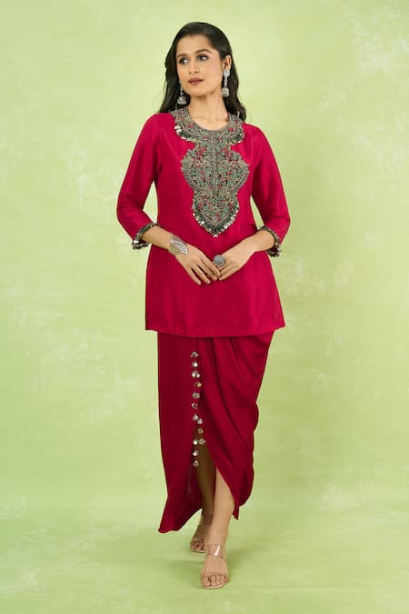 Prisho_Red Sequins, Stones Round Neck Embroidered Kurta With Draped Skirt _Online_at_Aza_Fashions